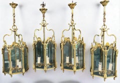 Set of 4 Bronze and Glass Lanterns in the Louis XV Style, circa 1950