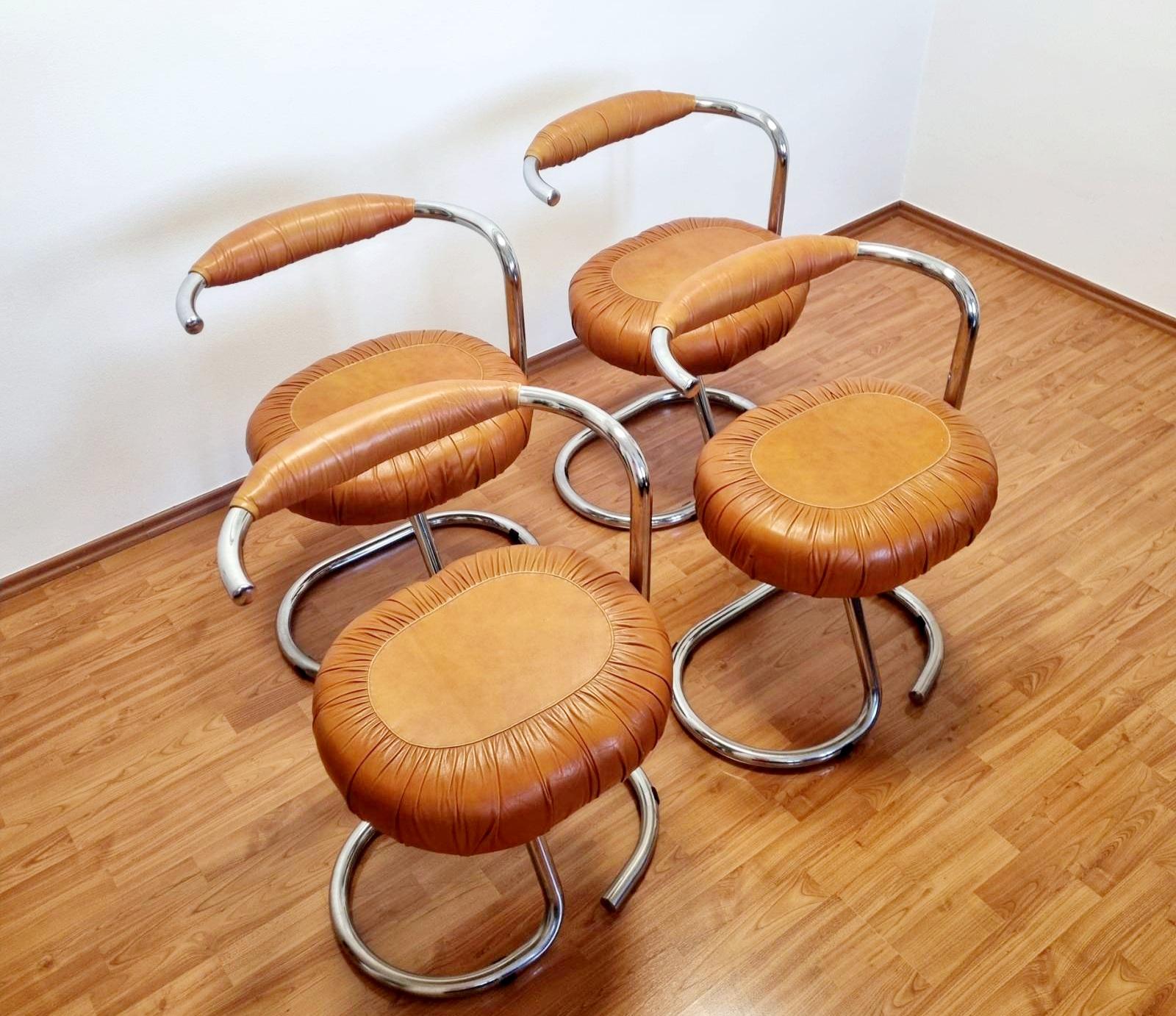 Italian Set of 4 Brown Leather Cobra Dining Chairs Design by Giotto Stoppino, Italy 70s