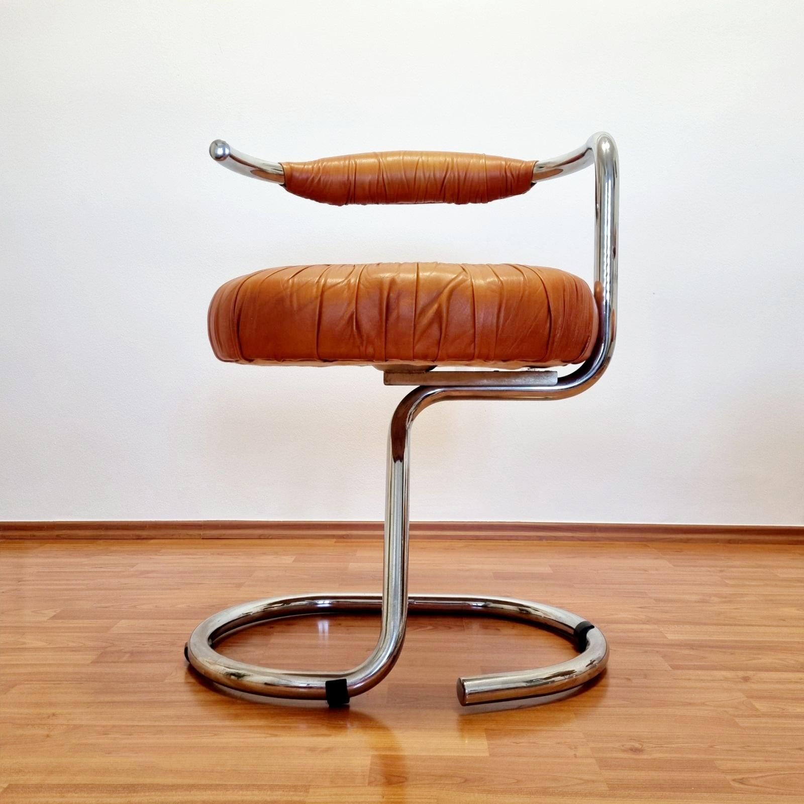 Steel Set of 4 Brown Leather Cobra Dining Chairs Design by Giotto Stoppino, Italy 70s