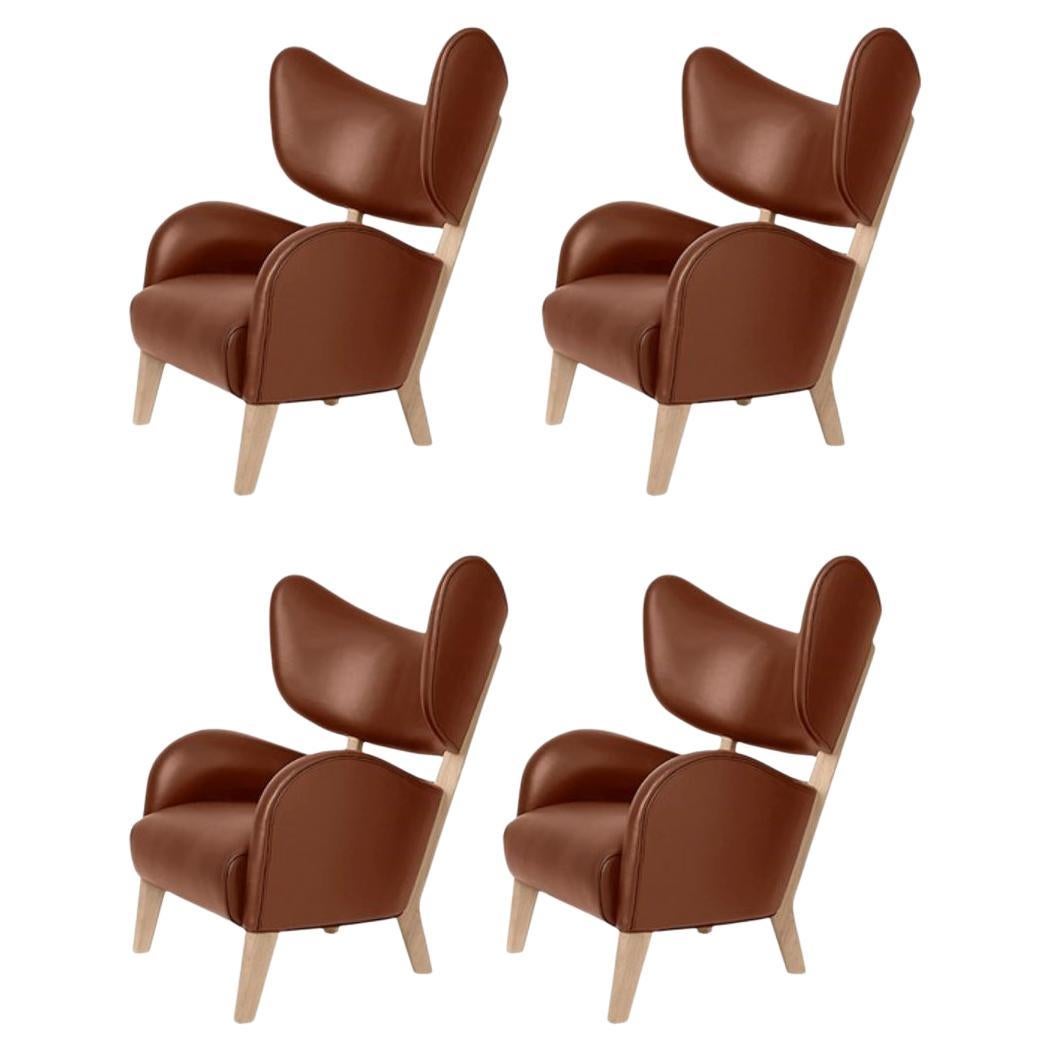 Set of 4 Brown Leather Natural Oak My Own Chair Lounge Chairs by Lassen For Sale