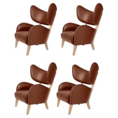 Set of 4 Brown Leather Natural Oak My Own Chair Lounge Chairs by Lassen