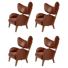 Set Of 4 Brown Leather Smoked Oak My Own Chair Lounge Chairs by Lassen