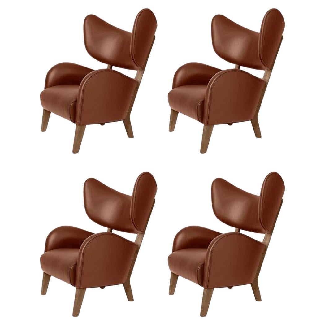 Set of 4 Brown Leather Smoked Oak My Own Chair Lounge Chairs by Lassen For Sale