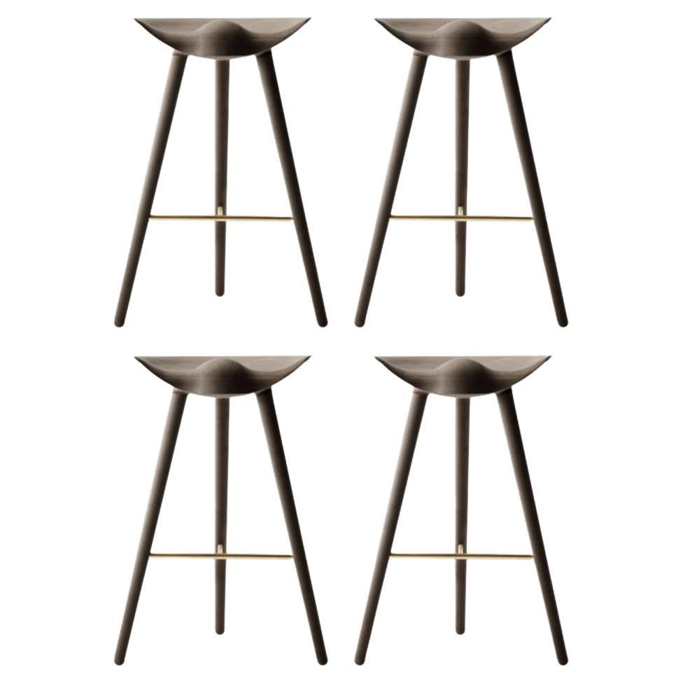 Set of 4 Brown Oak and Brass Bar Stools by Lassen