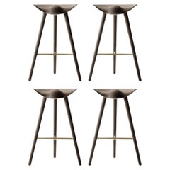 Set of 4 Brown Oak and Brass Bar Stools by Lassen