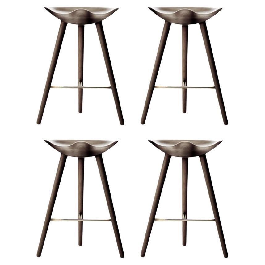 Set of 4 Brown Oak and Brass Counter Stools by Lassen
