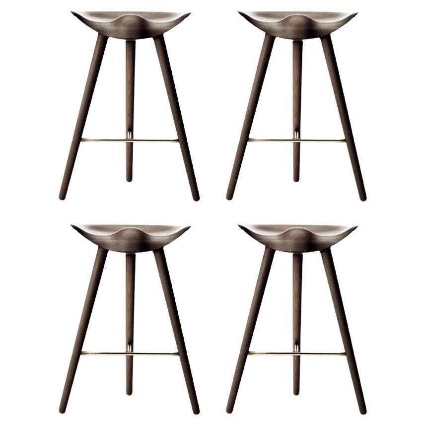 Set of 4 ML 42 Brown Oak and Brass Counter Stools by Lassen