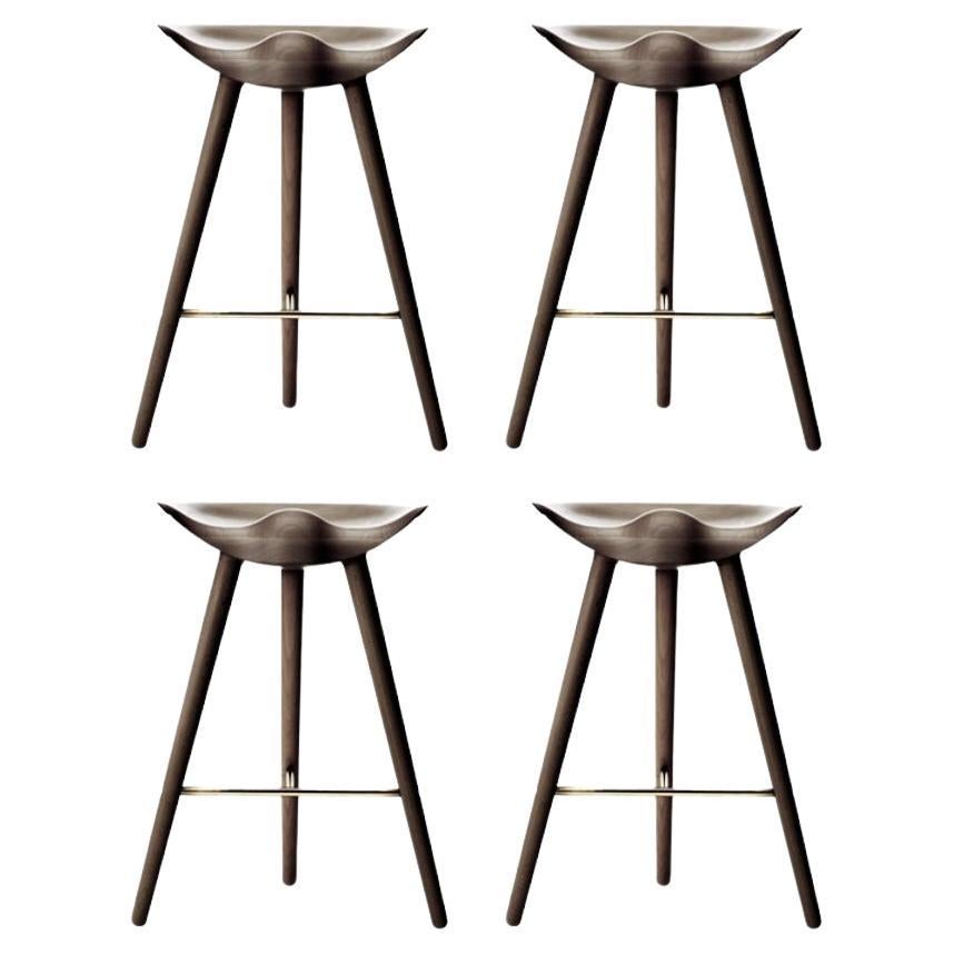 Set of 4 ML 42 Brown Oak and Brass Counter Stools by Lassen For Sale