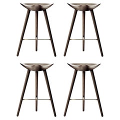 Set of 4 ML 42 Brown Oak and Brass Counter Stools by Lassen