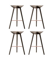 Set of 4 ML 42 Brown Oak and Copper Bar Stools by Lassen