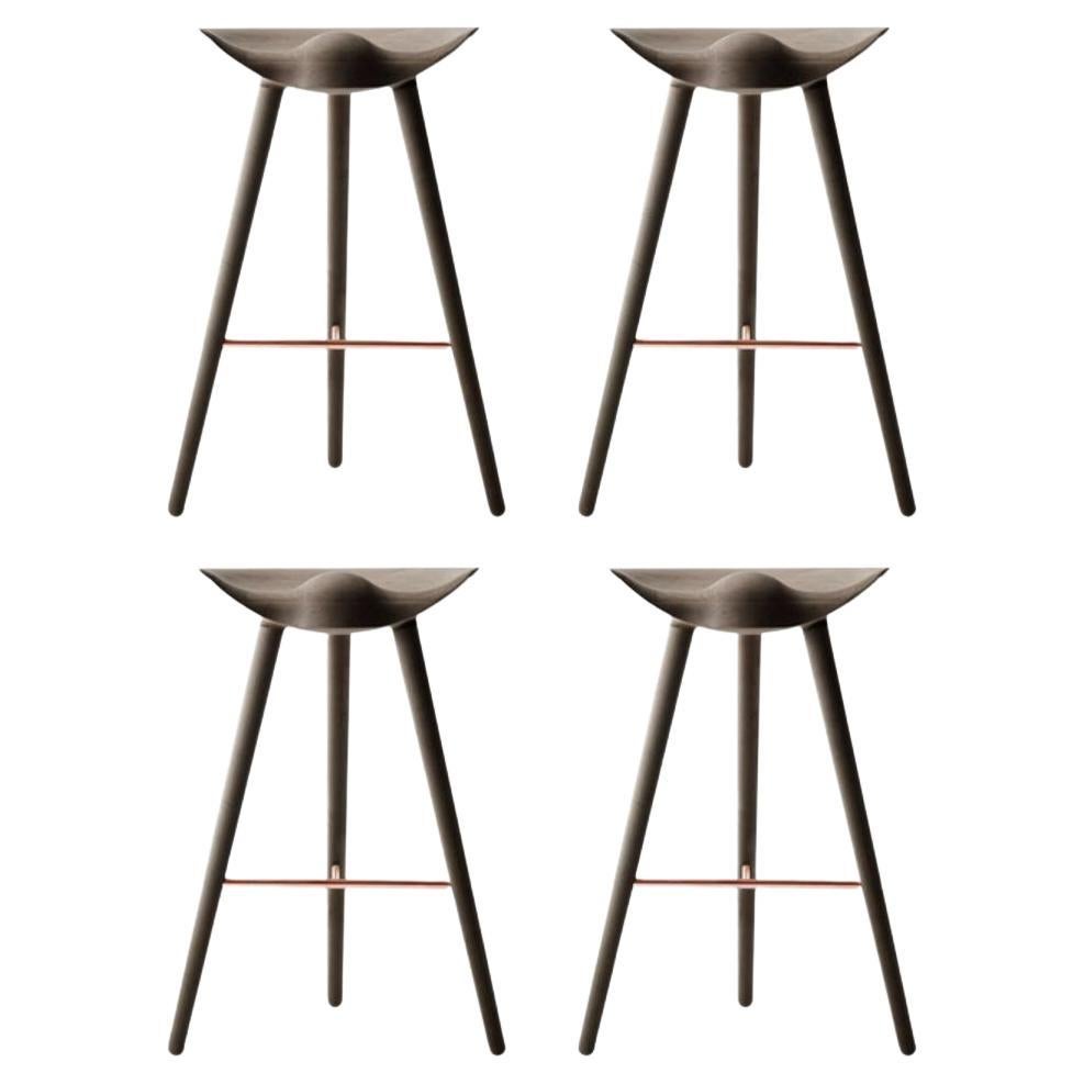 Set of 4 ML 42 Brown Oak and Copper Bar Stools by Lassen For Sale