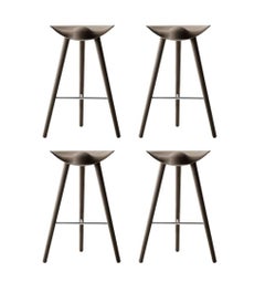 Set of 4 ML 42 Brown Oak and Stainless Steel Bar Stools by Lassen