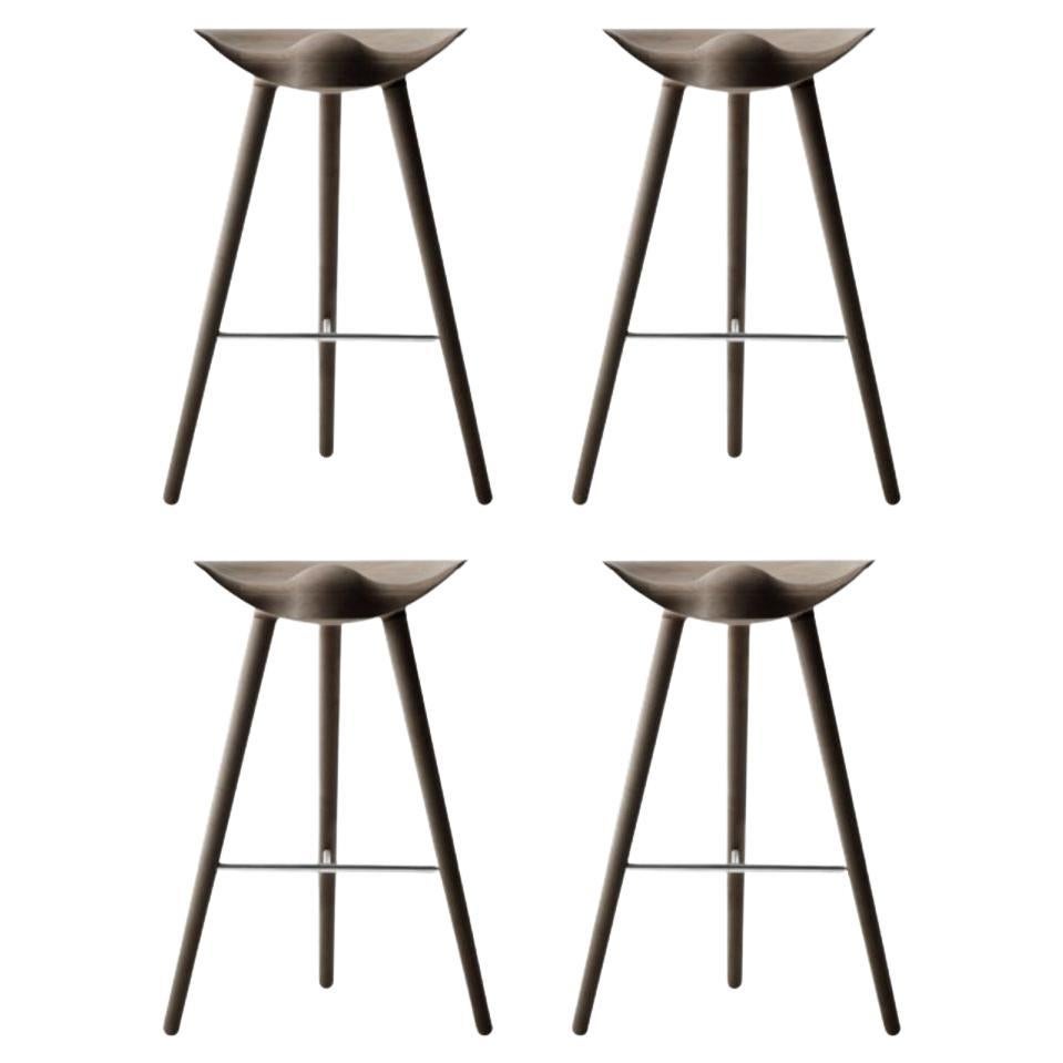 Set of 4 ML 42 Brown Oak and Stainless Steel Bar Stools by Lassen