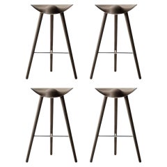 Set of 4 ML 42 Brown Oak and Stainless Steel Bar Stools by Lassen