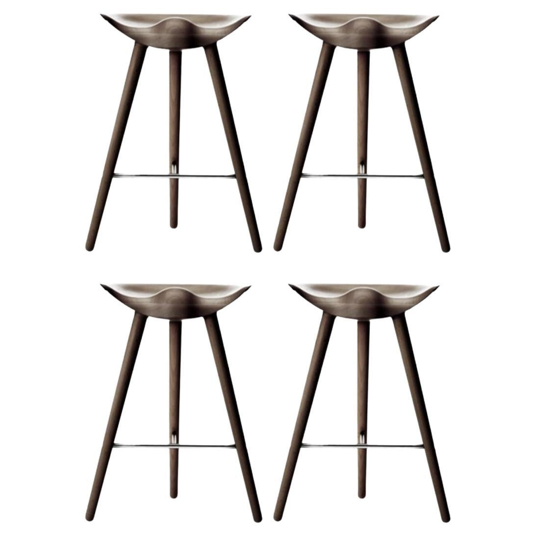 Set of 4 ML 42 Brown Oak and Stainless Steel Counter Stools by Lassen For Sale