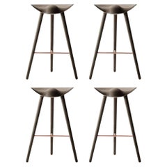 Set Of 4 Brown Oak and Copper Bar Stools by Lassen