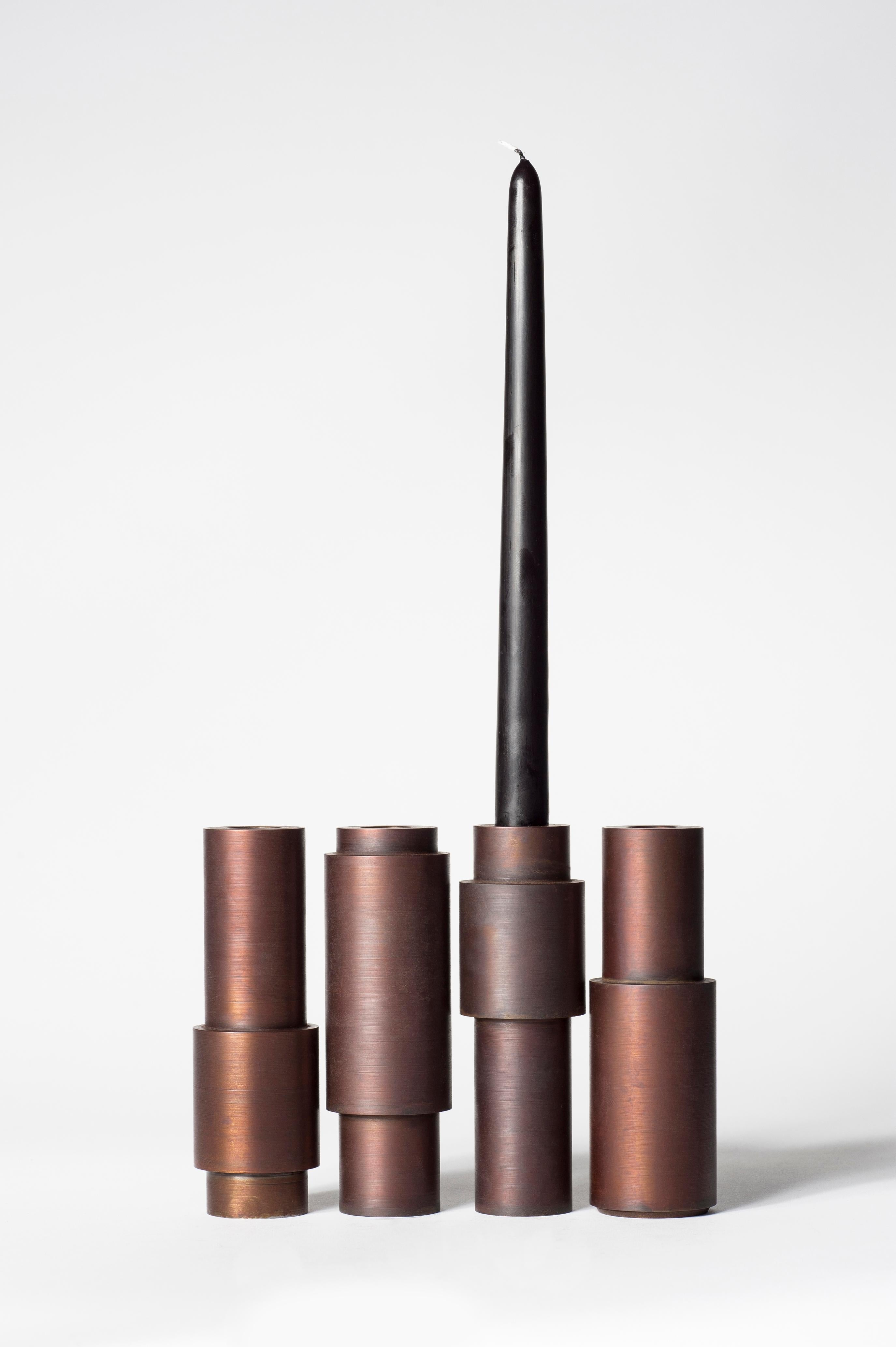 Set of 4 Brown Patina Steel Candlestick by Lukasz Friedrich In New Condition For Sale In Geneve, CH