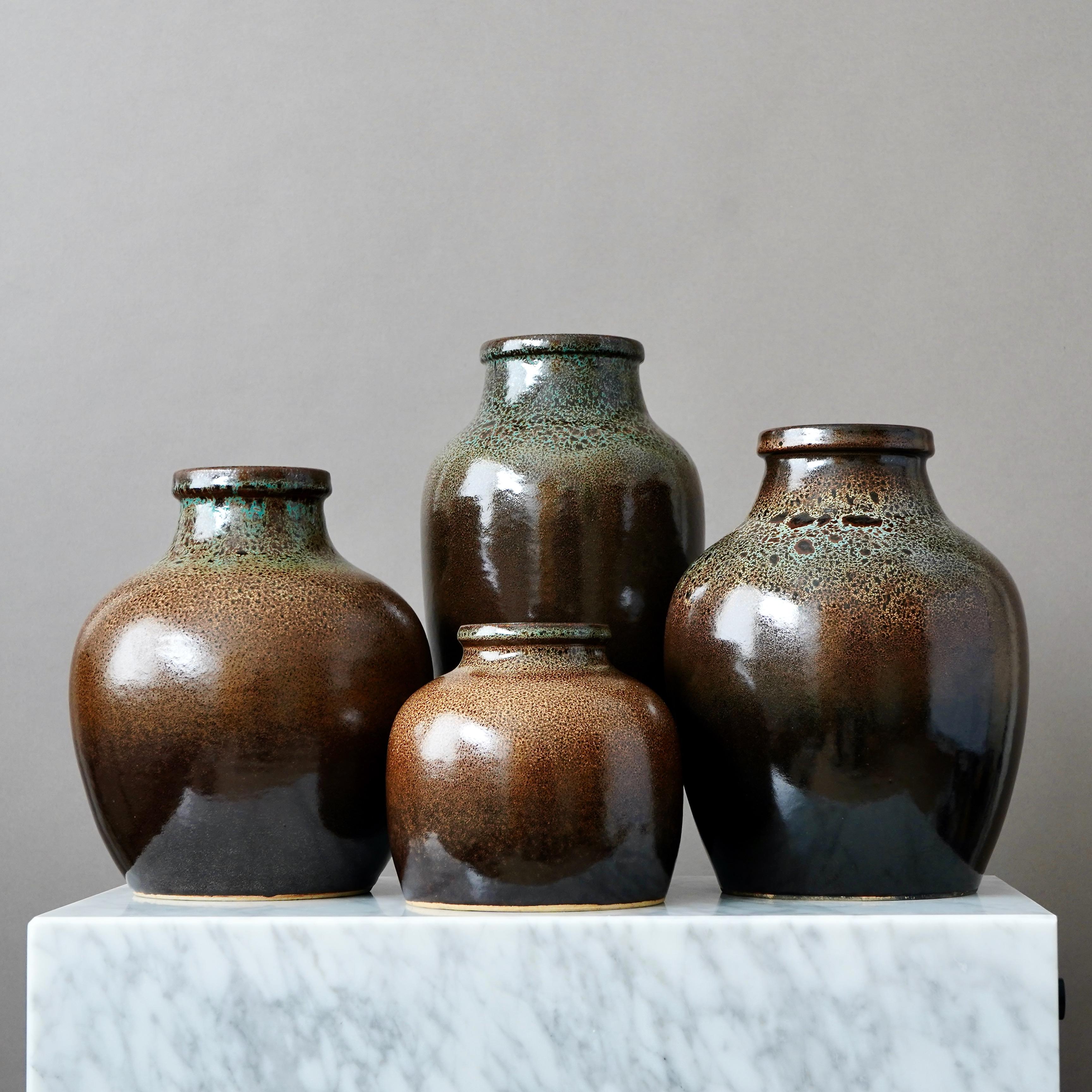 Scandinavian Modern Set of 4 Brown Stoneware Vases by Yngve Blixt, Höganäs, Sweden, 1970s For Sale