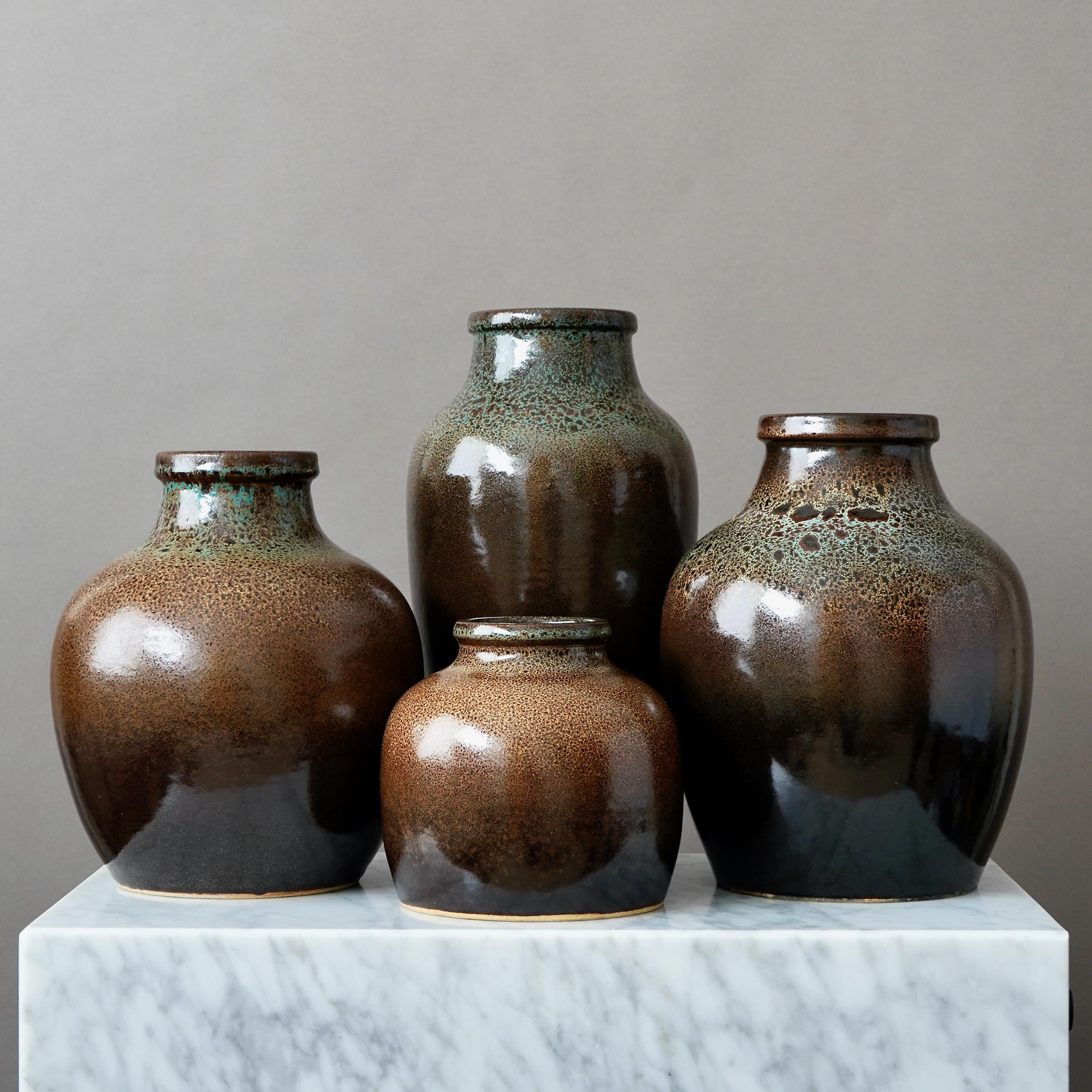 Swedish Set of 4 Brown Stoneware Vases by Yngve Blixt, Höganäs, Sweden, 1970s For Sale