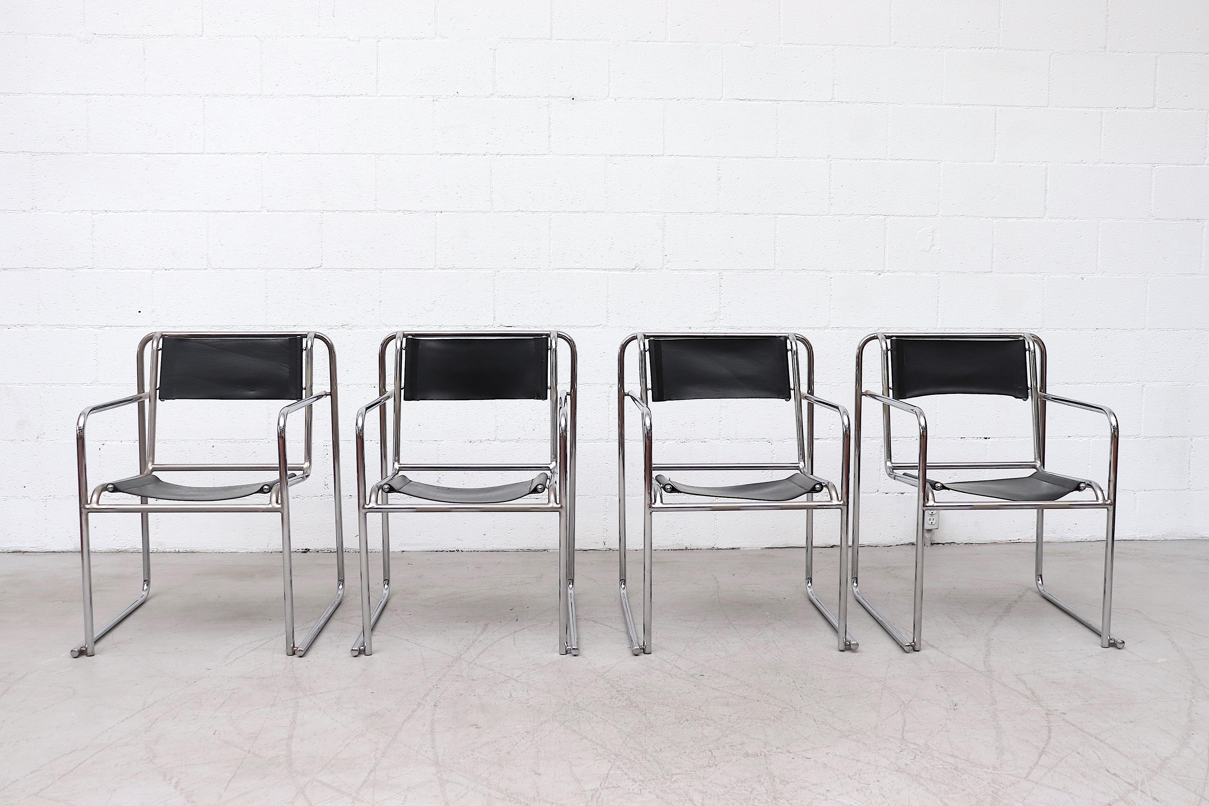 Set of 4 Bruno Polak Bauhaus stacking chairs with tubular chrome frames. In original condition with visible wear to the leather and some chrome loss. Very original condition. Set price.