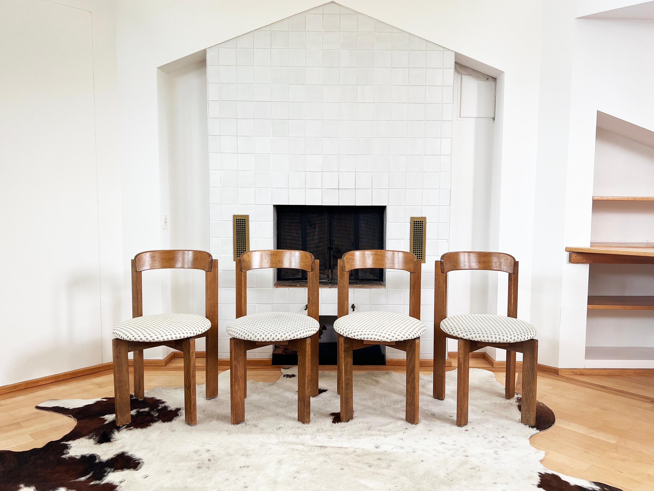 Solid Oak Brutalist, Postmodern Dining chairs from the 1970s.
Very sturdy and comfortable, high quality design, made in Switzerland.
The solid oak wood grain is phenomenal. 

Original upholstery is present-- they would benefit by being updated. 