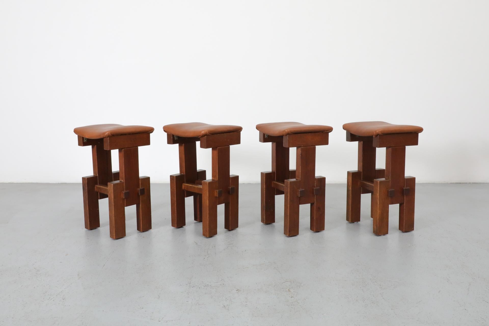 European Set of 4 Brutalist Architectural Oak Counter Stools, 1970s