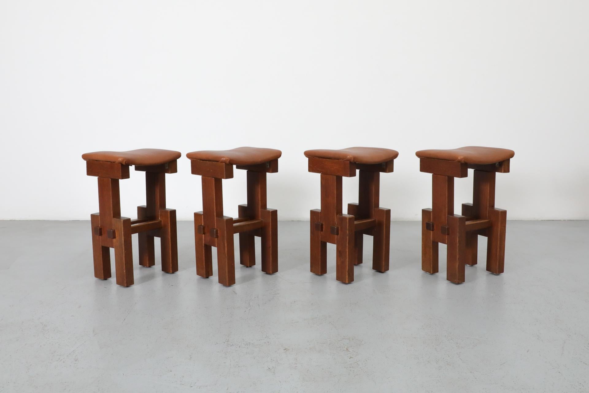 20th Century Set of 4 Brutalist Architectural Oak Counter Stools, 1970s
