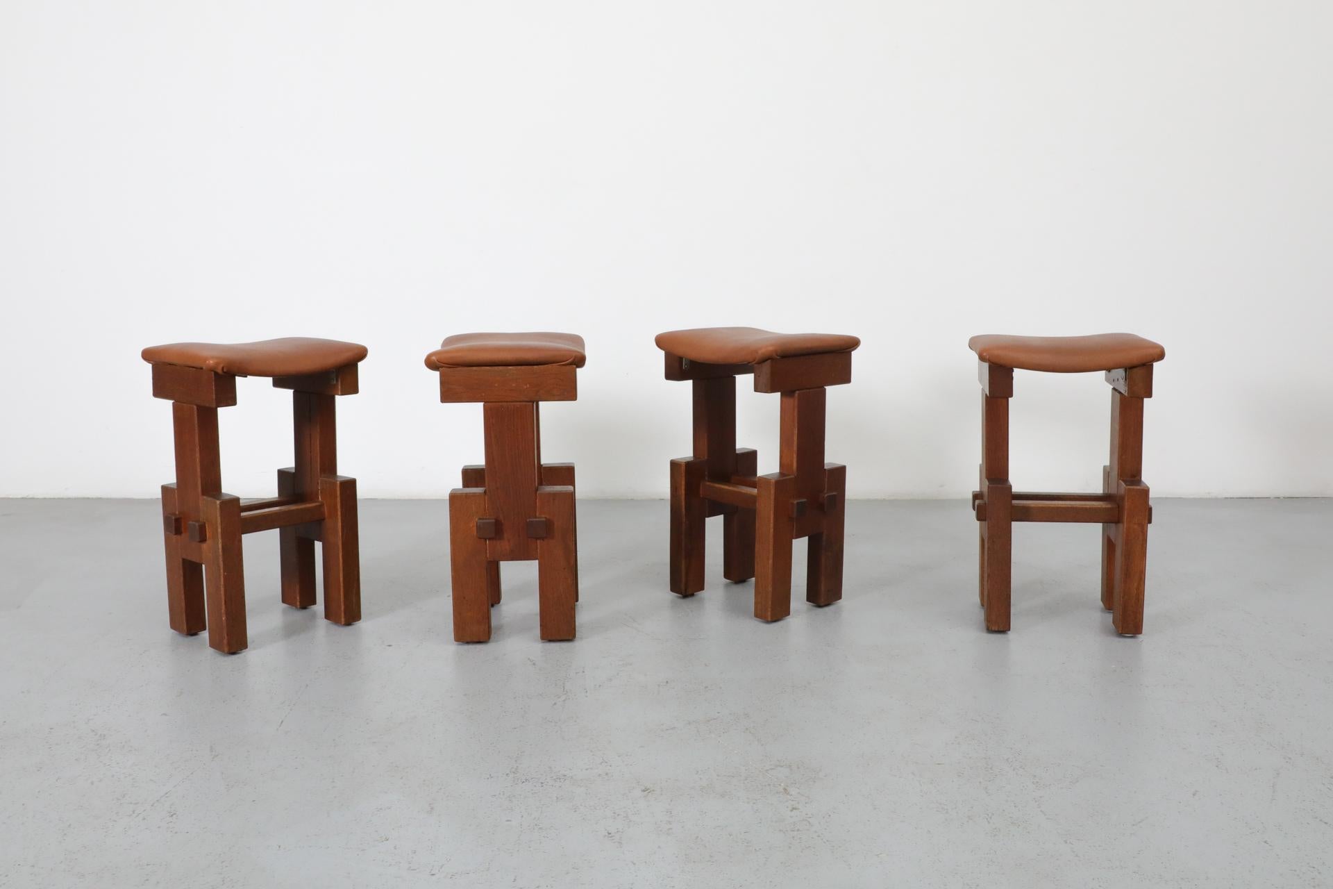 Set of 4 Brutalist Architectural Oak Counter Stools, 1970s 1