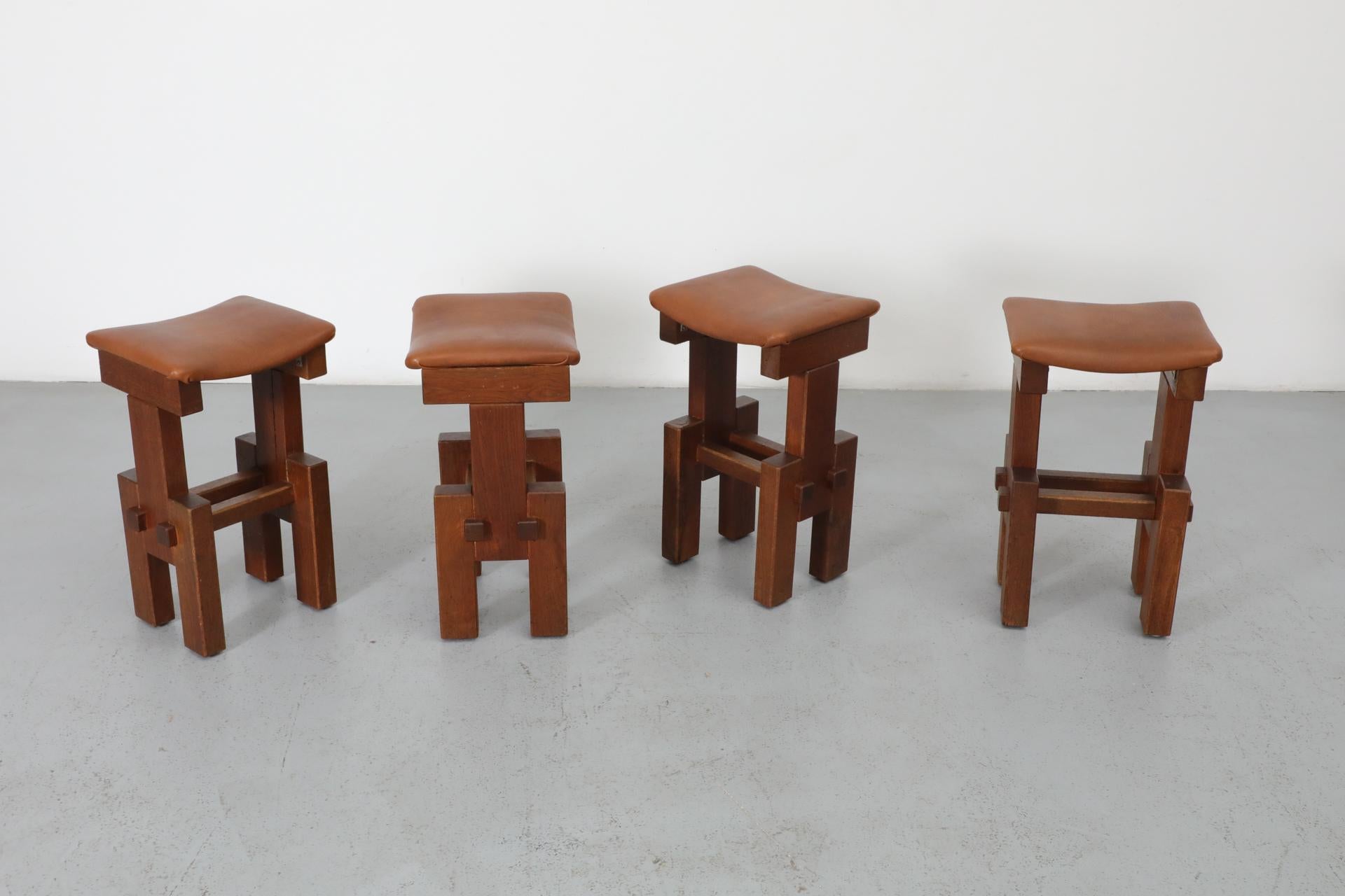 Set of 4 Brutalist Architectural Oak Counter Stools, 1970s 2