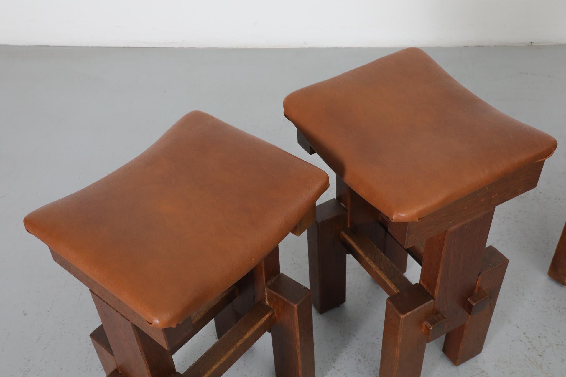 Set of 4 Brutalist Architectural Oak Counter Stools, 1970s 4