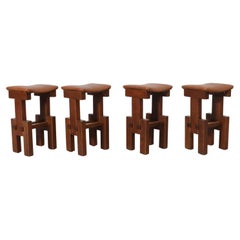 Set of 4 Brutalist Architectural Oak Counter Stools, 1970s