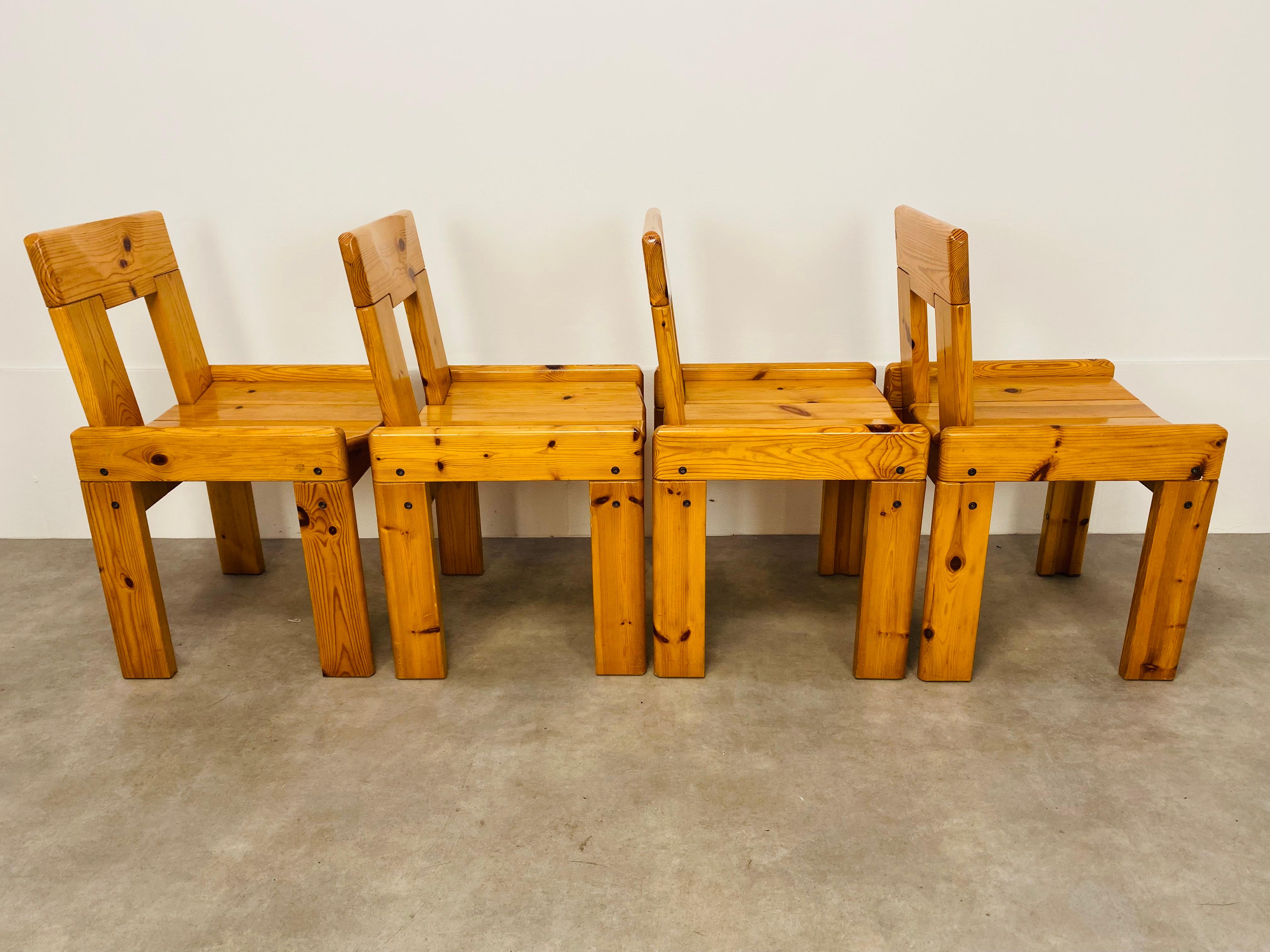 Set of 4 Brutalist Chairs by Silvio Coppola for Roche Bobois France Massive Wood For Sale 11