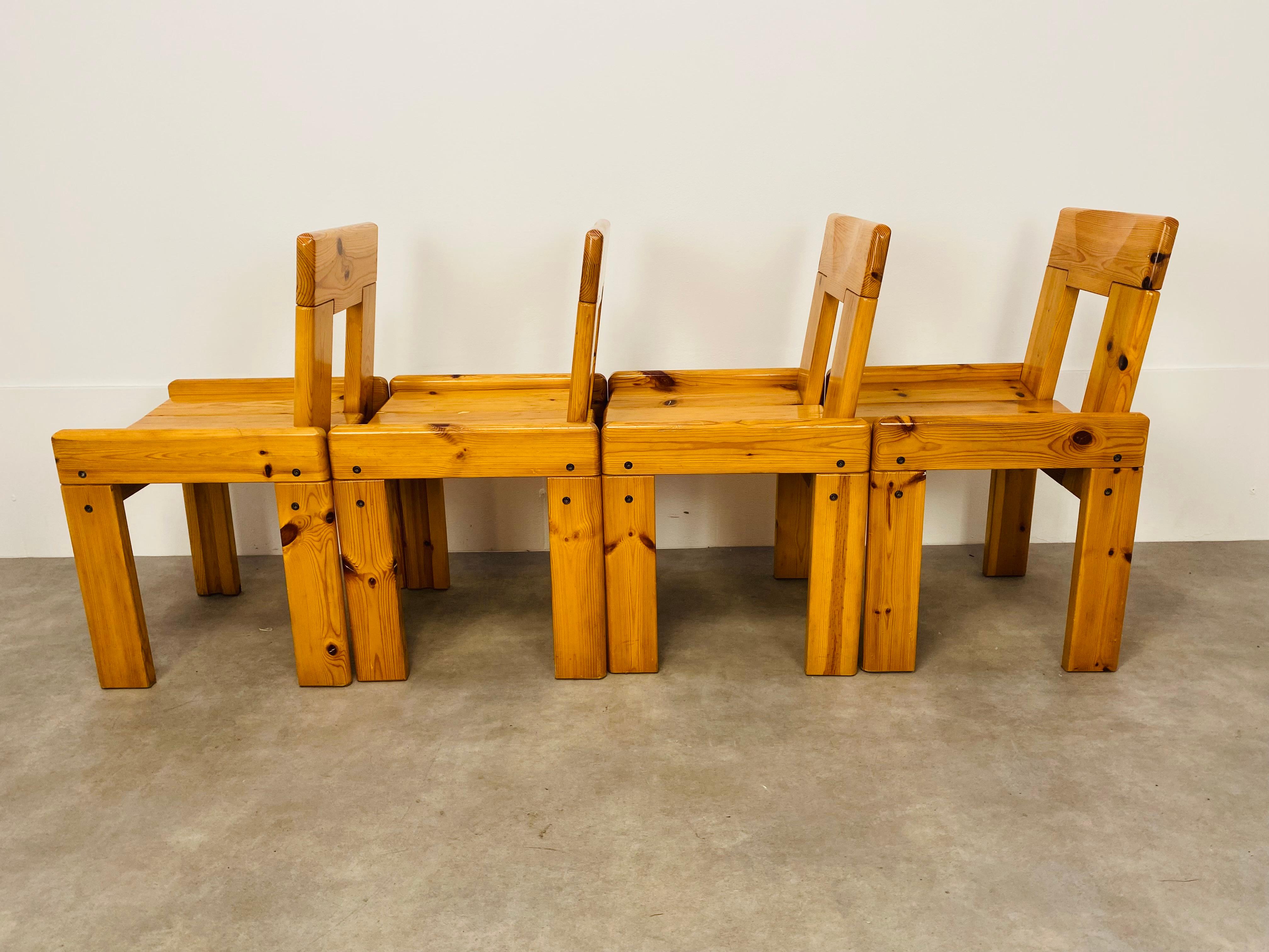 Set of 4 Brutalist Chairs by Silvio Coppola for Roche Bobois France Massive Wood For Sale 13