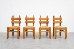 Set of 4 Brutalist DePuydt Attributed Heavy Oak Dining Chairs with Rush Seats