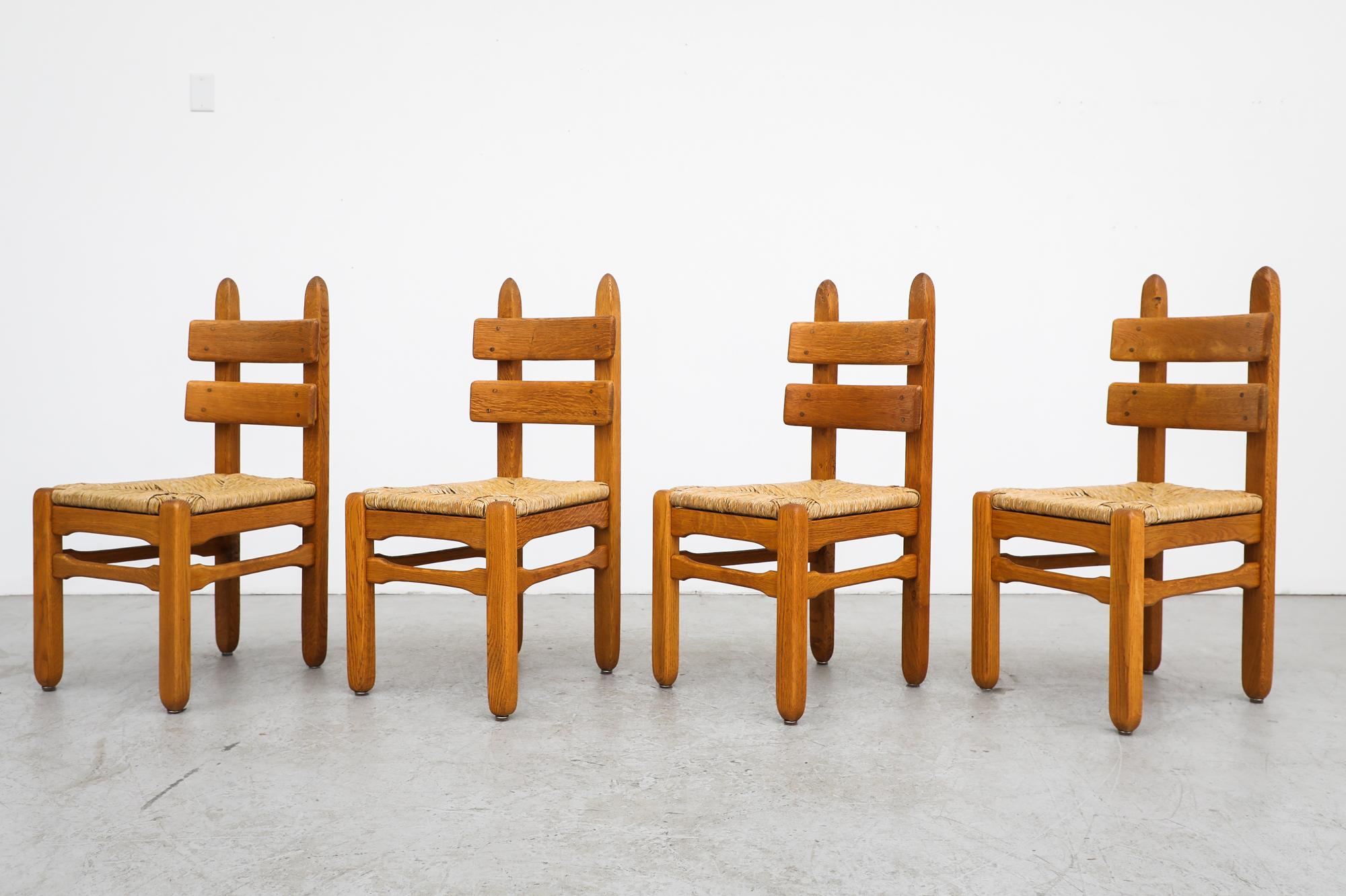 Mid-Century Modern Set of 4 Brutalist DePuydt (attr) Heavy Oak Dining Chairs with Rush Seats For Sale