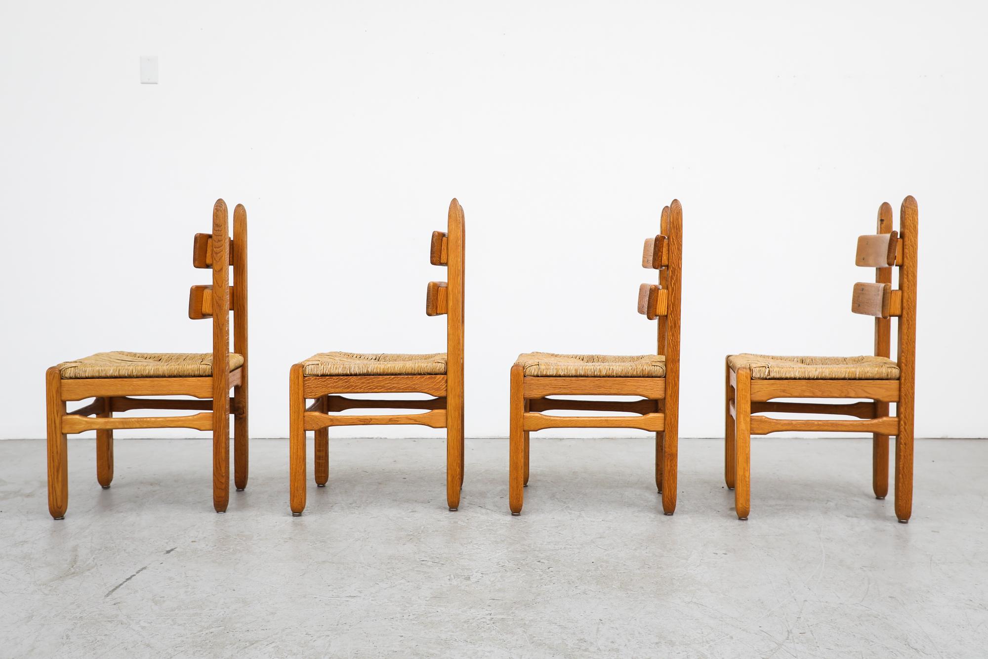 Belgian Set of 4 Brutalist DePuydt (attr) Heavy Oak Dining Chairs with Rush Seats For Sale