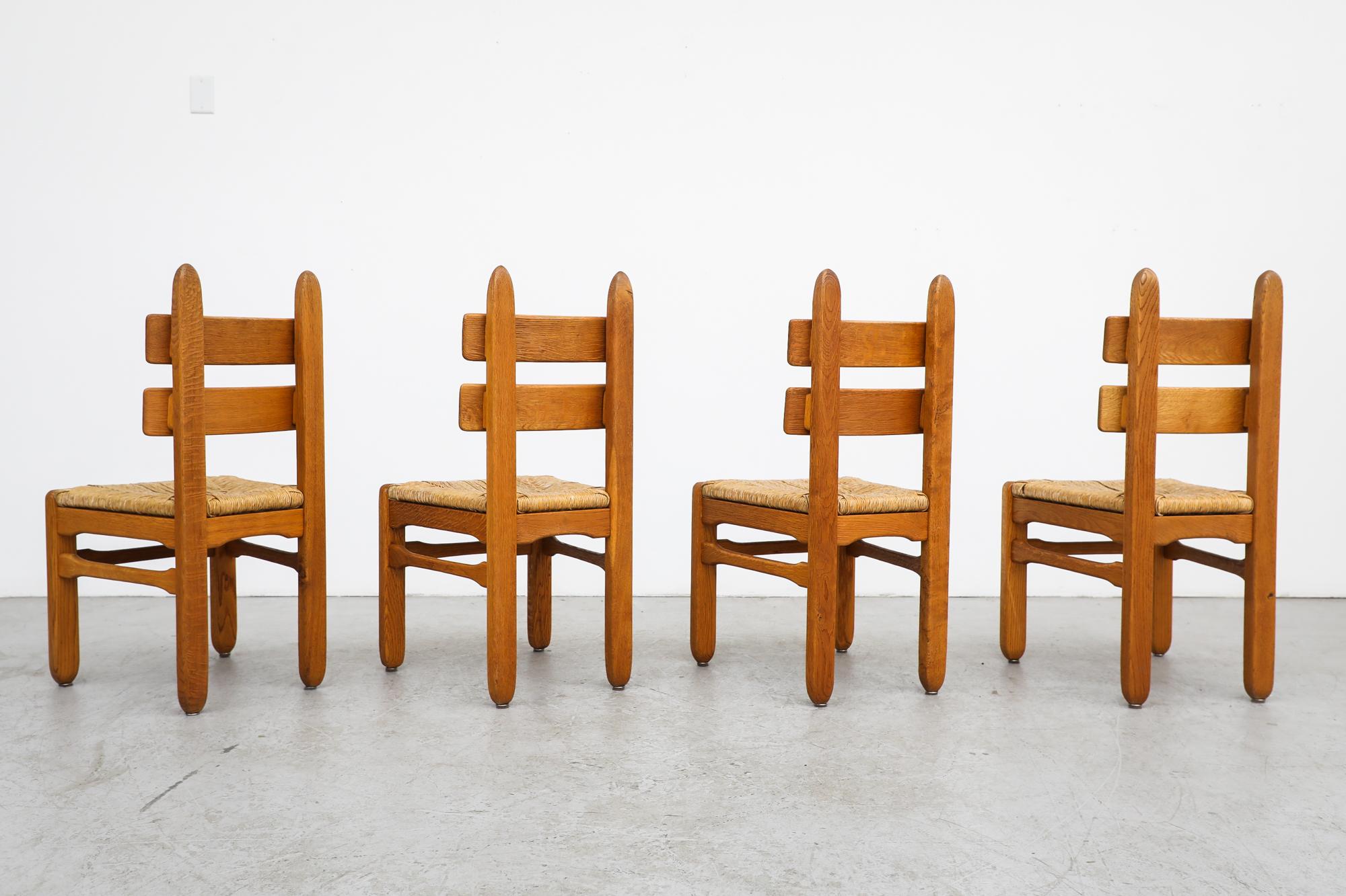 Set of 4 Brutalist DePuydt (attr) Heavy Oak Dining Chairs with Rush Seats In Good Condition For Sale In Los Angeles, CA
