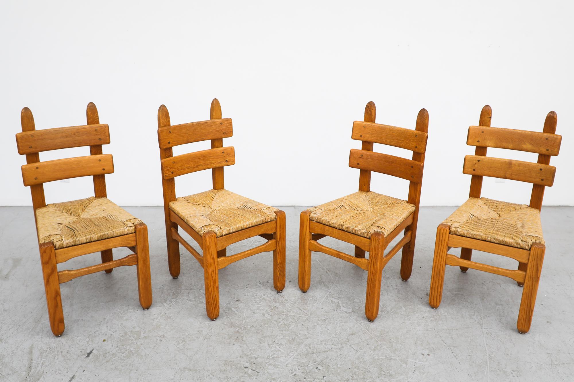 20th Century Set of 4 Brutalist DePuydt (attr) Heavy Oak Dining Chairs with Rush Seats For Sale