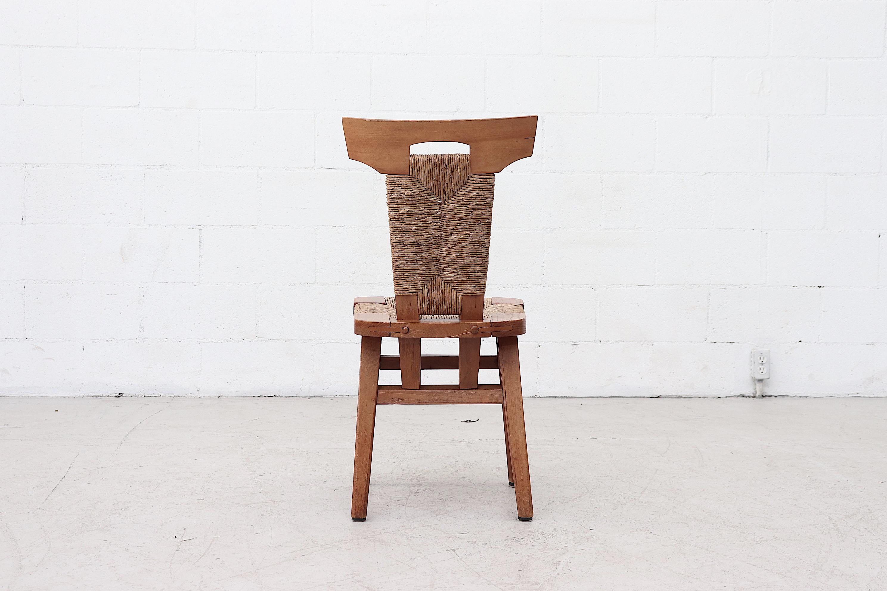 Hand-Woven Set of 4 Brutalist Dining Chairs with Rush Seating