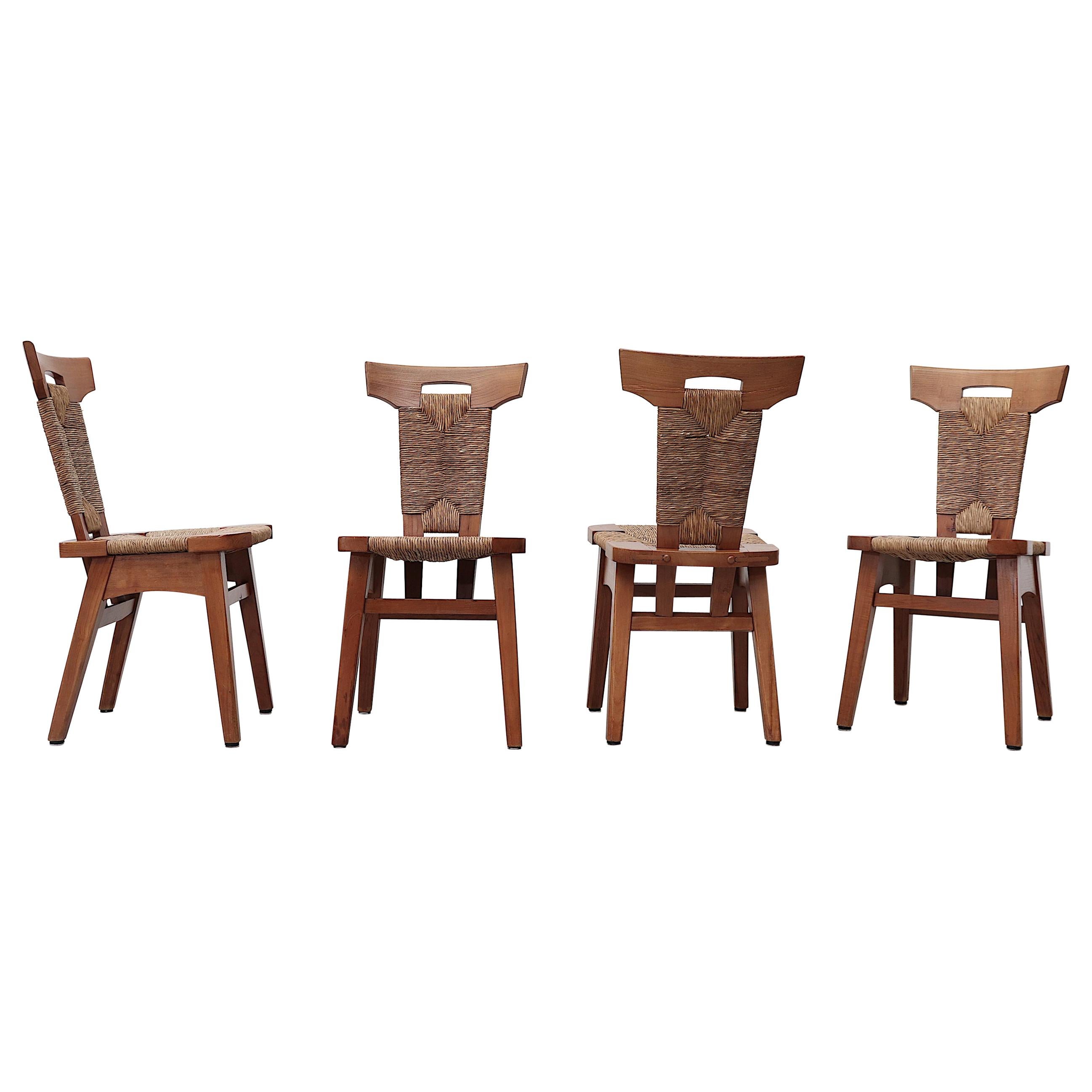 Set of 4 Brutalist Dining Chairs with Rush Seating