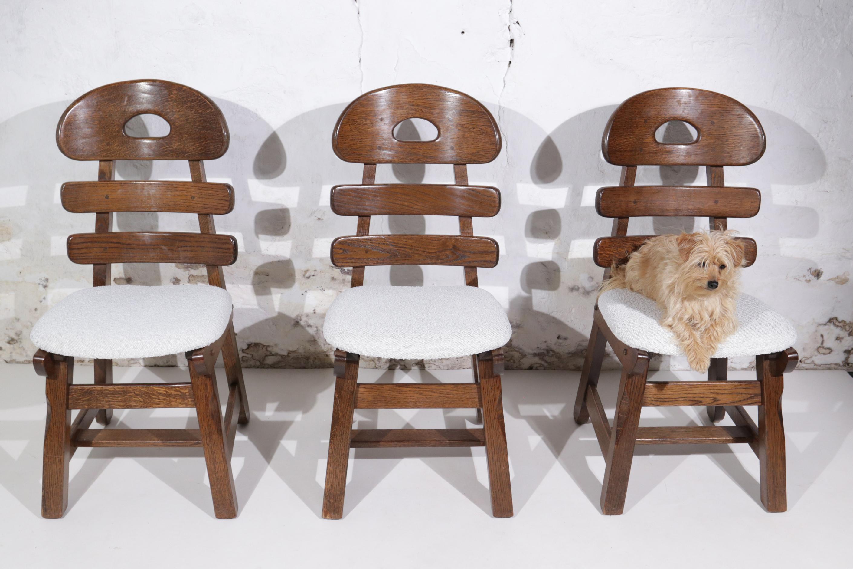 Fin du 20e siècle Ensemble brutaliste de 4 chaises en chêne bouclé espagnol en vente