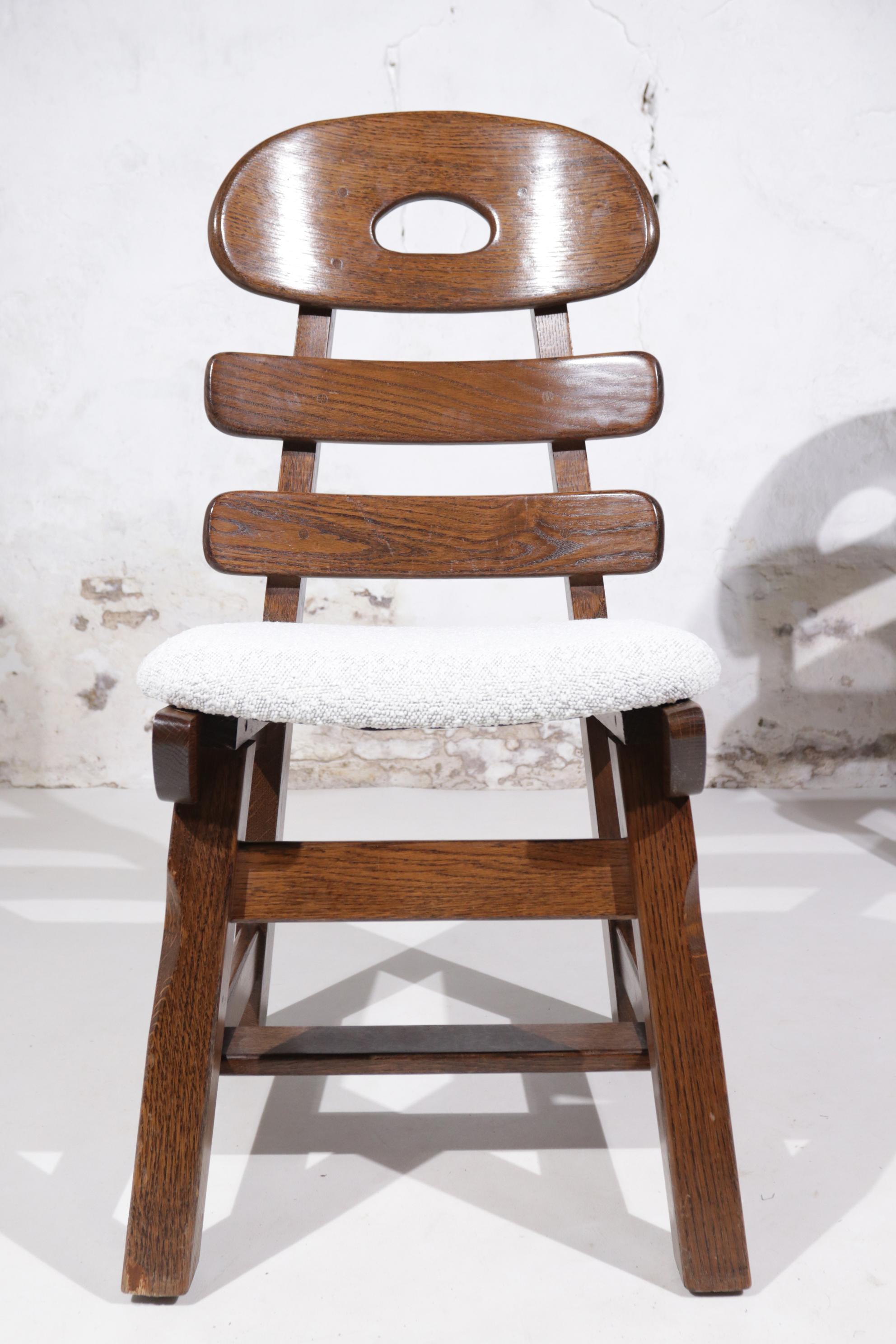 Bouclé Set of 4 Brutalist Fishbone Chairs Spanish Oak Boucle For Sale