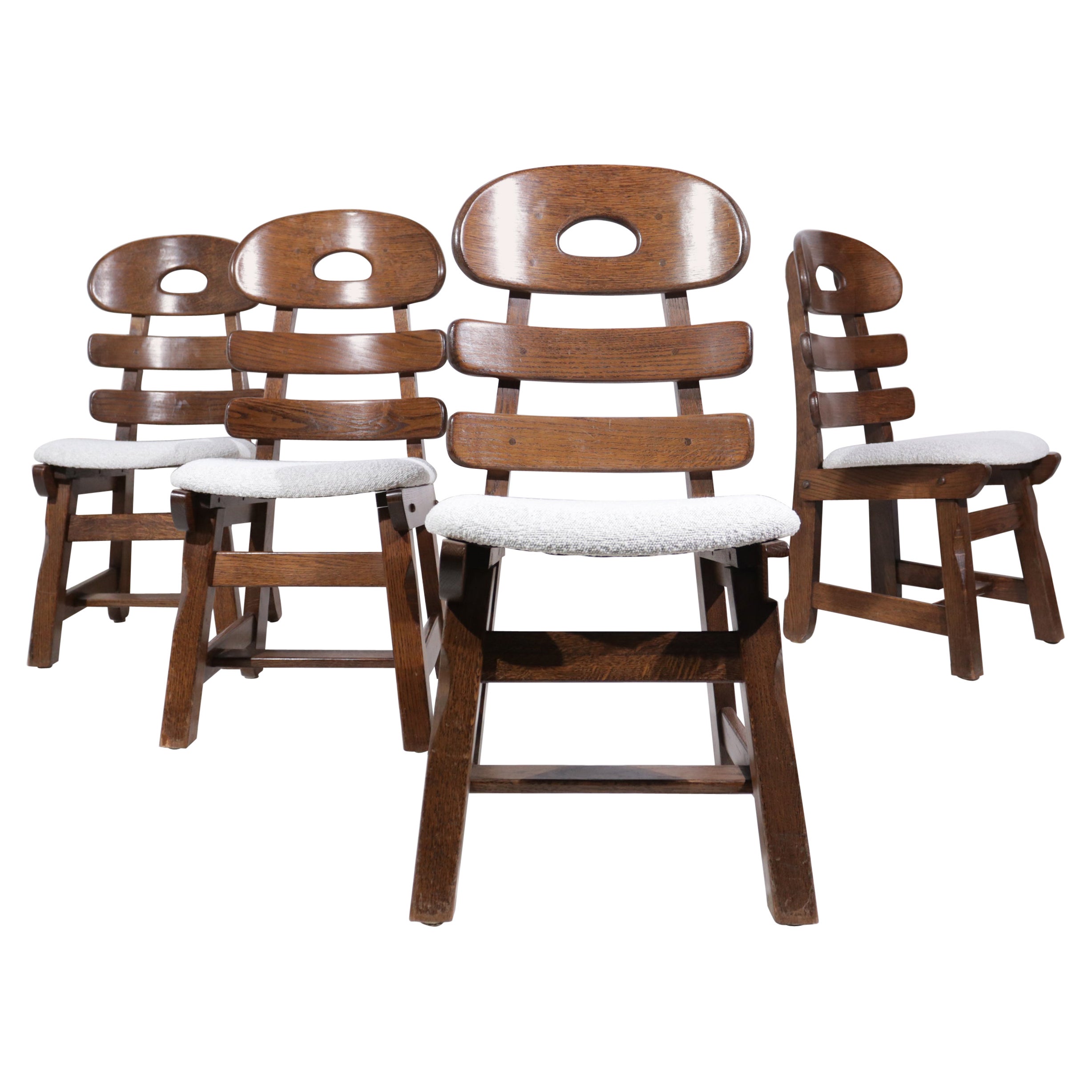 Set of 4 Brutalist Fishbone Chairs Spanish Oak Boucle