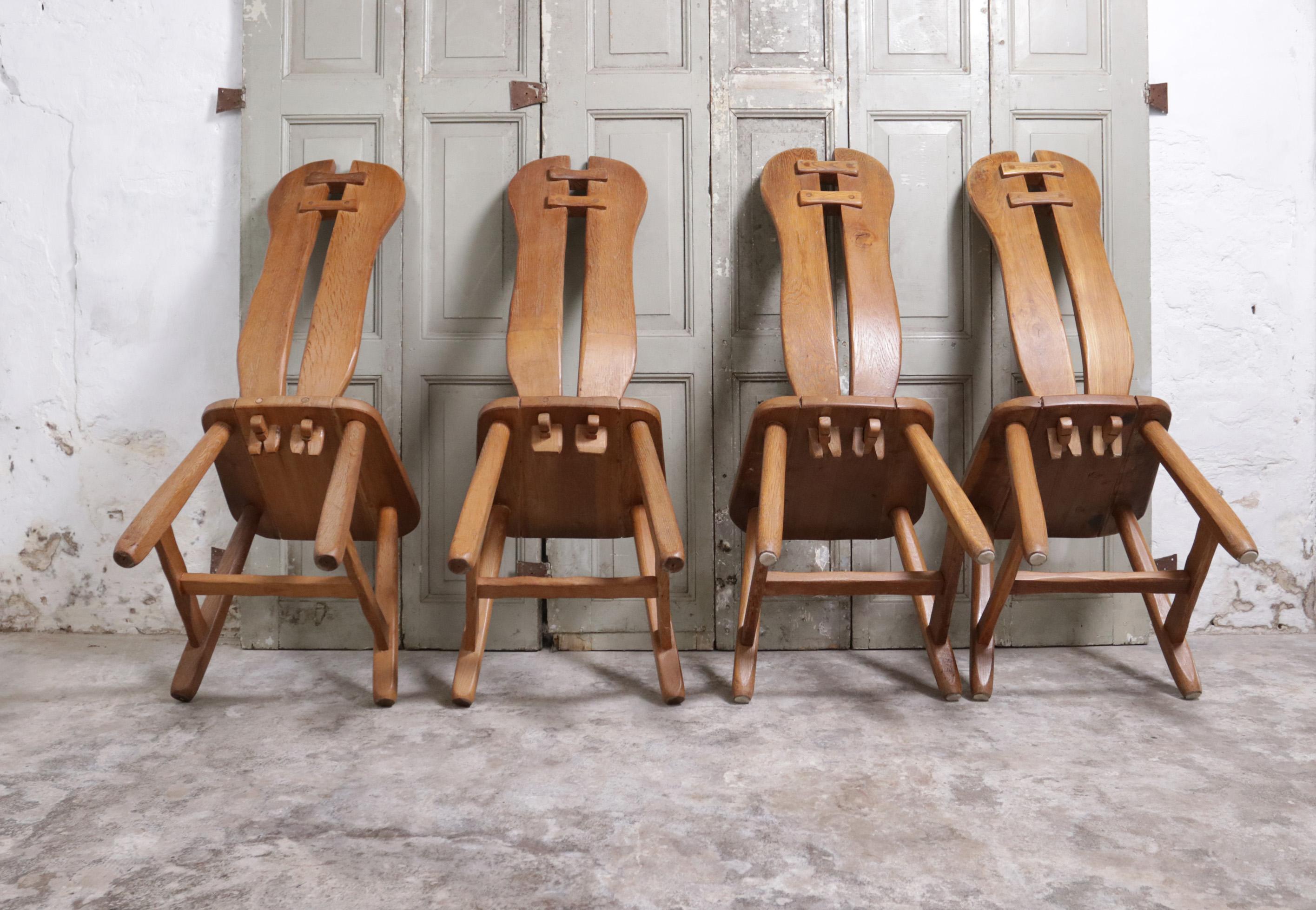 Set of 4 Brutalist Mid-Century Wai Sabi Oak De Puydt Chairs Belgium 70's 10