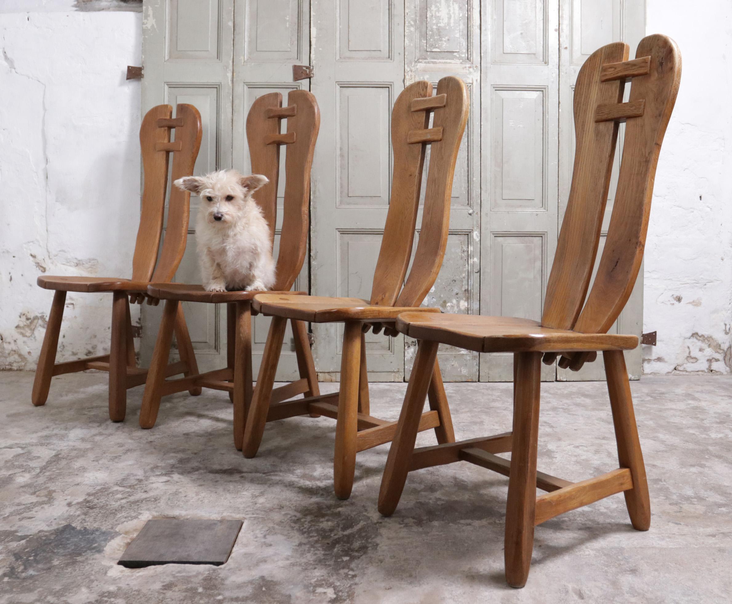 Set of 4 Brutalist Mid-Century Wai Sabi Oak De Puydt Chairs Belgium 70's In Good Condition In Boven Leeuwen, NL