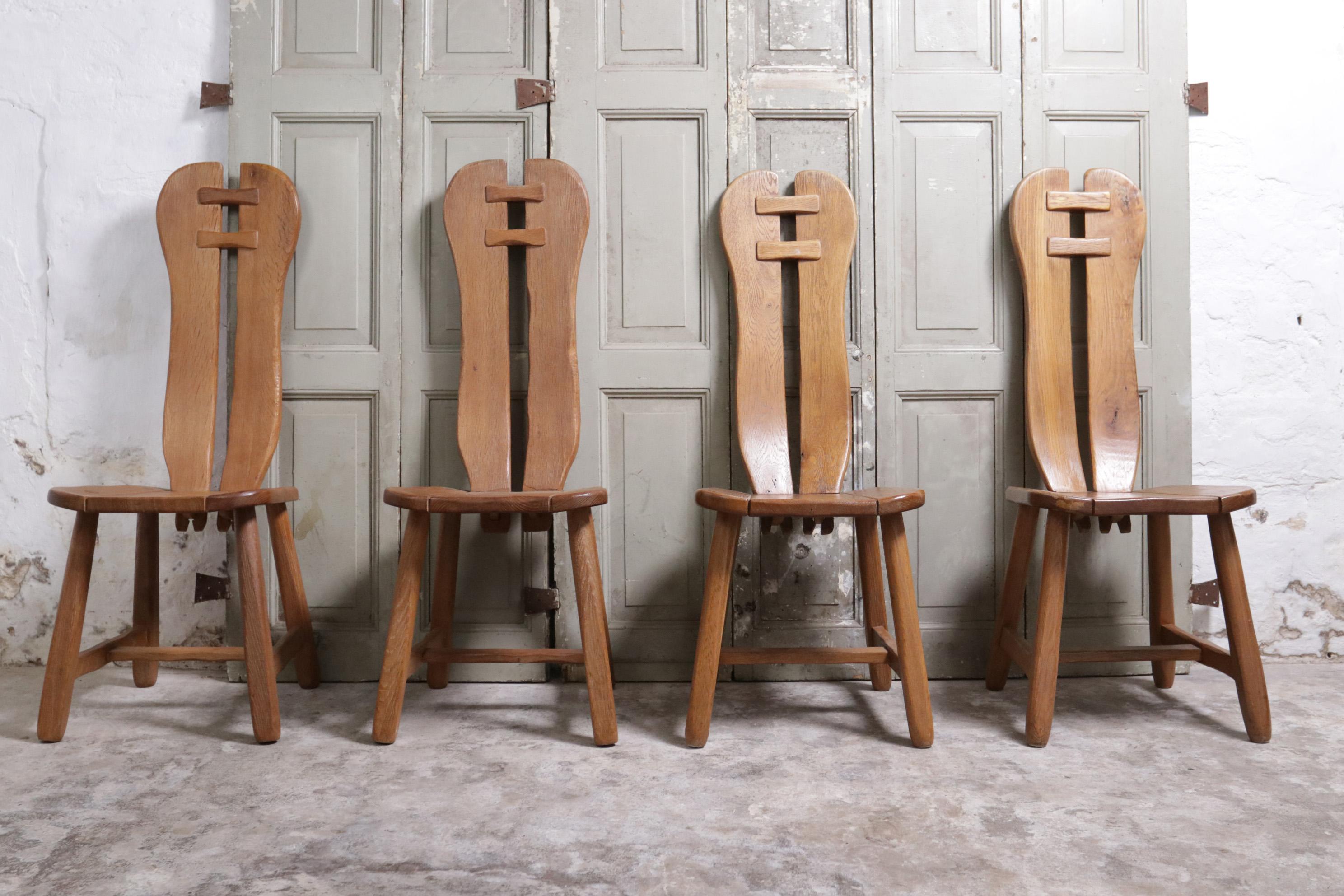 Set of 4 Brutalist Mid-Century Wai Sabi Oak De Puydt Chairs Belgium 70's 1