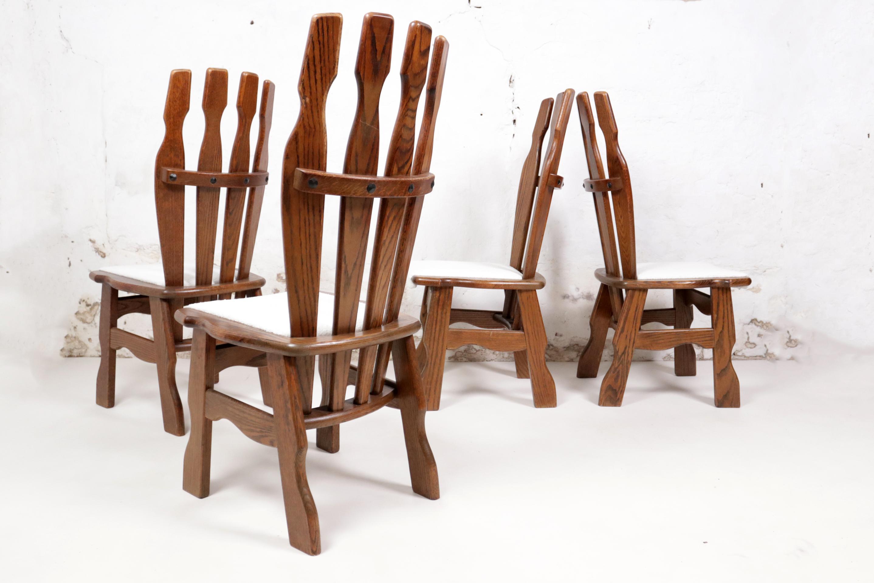 Set of 4 Brutalist Mid-Century Oak Dining Room Chairs, 70's For Sale 5