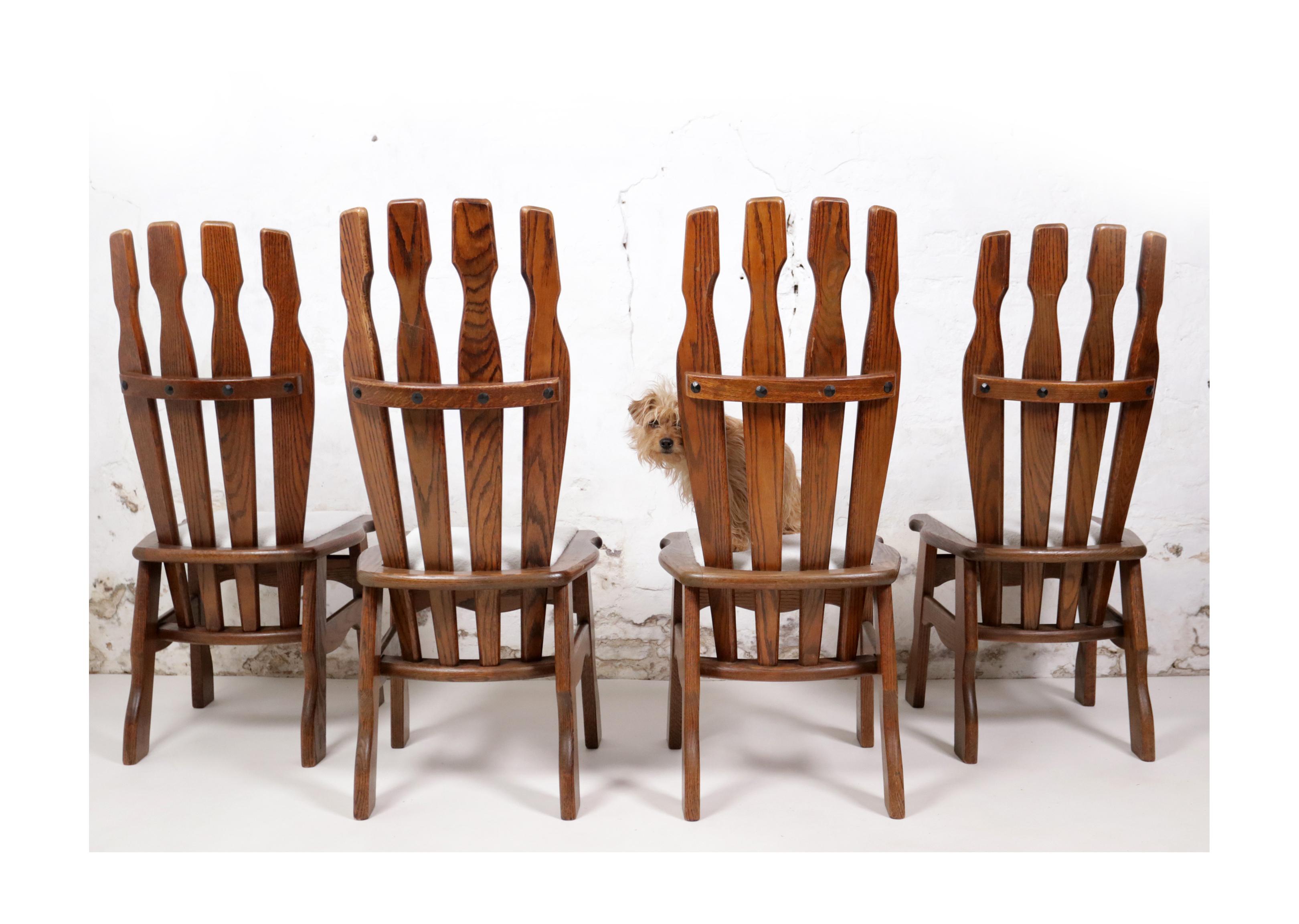 Set of 4 Brutalist Mid-Century Oak Dining Room Chairs, 70's For Sale 1