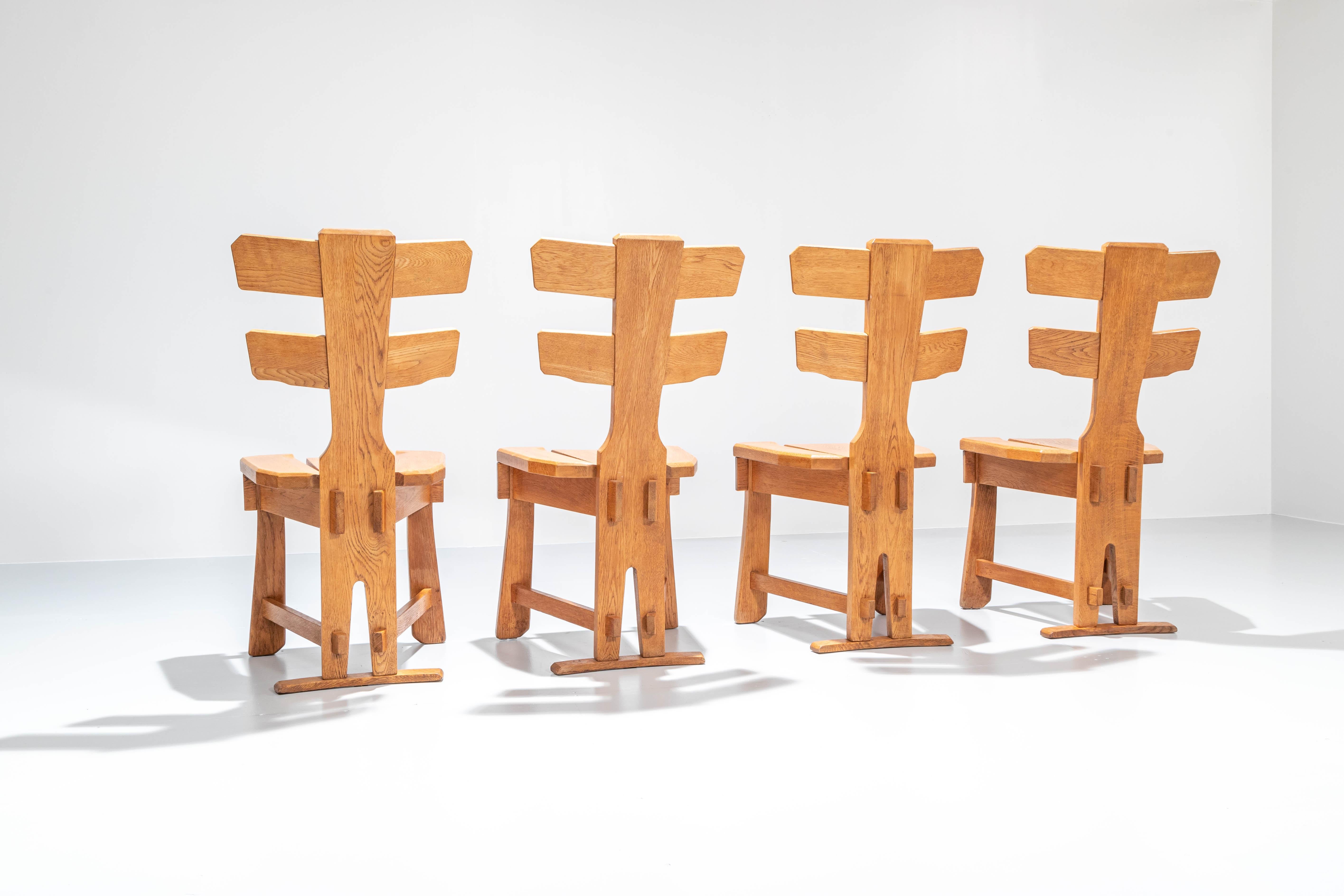 Spanish Set of 4 Brutalist 'Mountain' Chairs in Blonde Solid Oak, Spain, 1960's