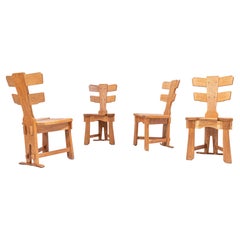 Retro Set of 4 Brutalist 'Mountain' Chairs in Blonde Solid Oak, Spain, 1960's